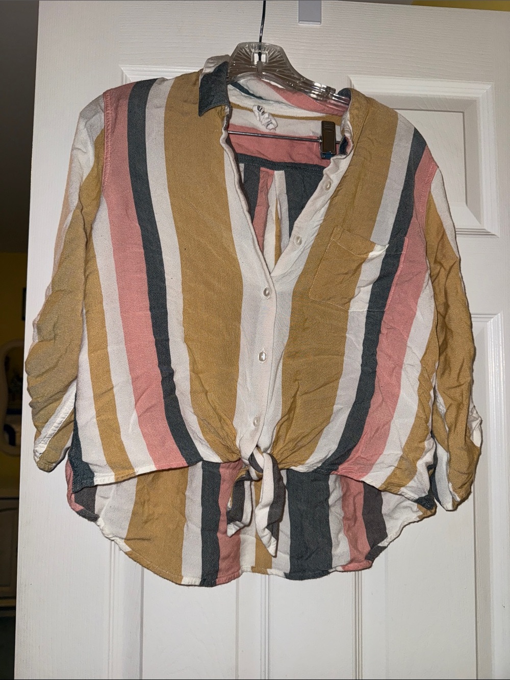 Olive & Oak Striped Tie-Front Button-Up Shirt - Mustard, Pink, Cream small